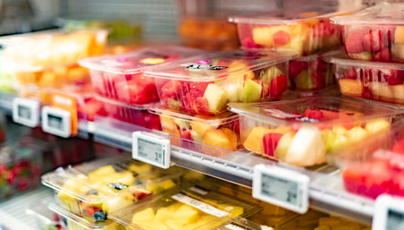 Packages with fresh fruits displayed in a commercial refrigeratorの写真素材
