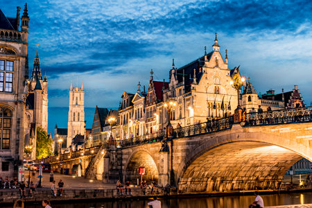 GHENT, BELGIUM - AUG 24, 2022: Architecture of the historic city center of Ghent in the Flemish Region of Belgium, after sunsetのeditorial素材