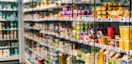 ANTWERP, BELGIUM - AUG 21, 2022: Food products displayed in a commercial refrigeratorのeditorial素材