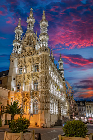 LEUVEN, BELGIUM - AUG 26, 2022: The Town Hall of Leuven, Belgium, after sunsetのeditorial素材