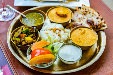 North Indian style vegetarian thali served in a restaurant.
