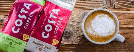 POZNAN, POLAND - JUL 14, 2022: Packages of Costa Coffee, a brand of British multinational coffeehouse company headquartered in Dunstable, Bedfordshireのeditorial素材
