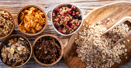 Composition with different sorts of breakfast cereal productsの写真素材