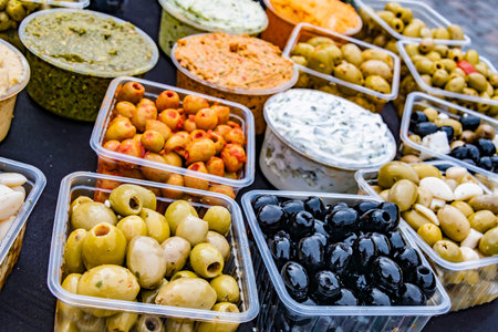 Olives in plastic boxes put up for sale in the store.の写真素材