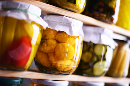 Jars with variety of marinated vegetables and fruits. Preserved foodの写真素材