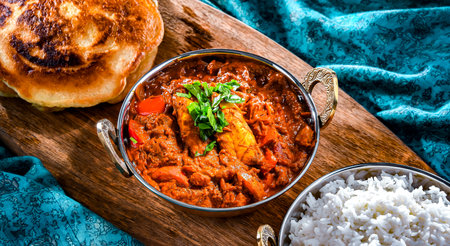 Butter chicken with rice and naan flatbread served in original Indian karahi pots.
