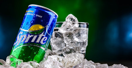 POZNAN, POL - NOV 24, 2022: Can of Sprite, a brand of soft drink, created by the Coca-Cola Company, developed in West Germany in 1959 as a response to the popularity of 7 Upのeditorial素材