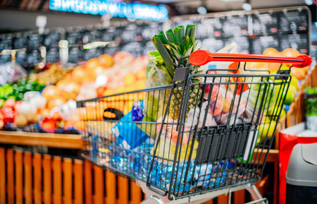 A shopping cart with grocery products in a supermarketの写真素材