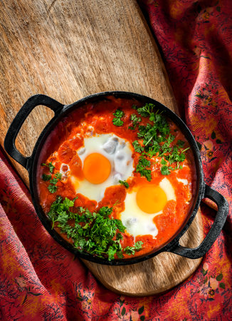 Shakshouka dish in a cast iron pan.