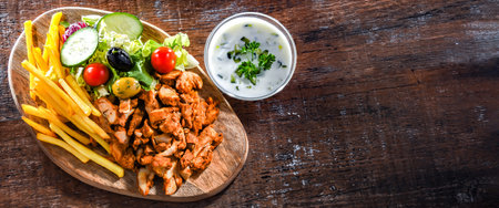 Kebab served with french fries, vegetable salad and tzatziki