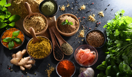 Composition with assortment of spices and herbs.の写真素材
