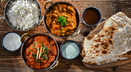 Hot madras paneer and vegetable masala with basmati rice served in original indian karahi pots.の写真素材