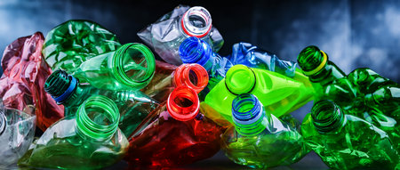 Empty colored drink bottles. Recyclable plastic wasteの写真素材