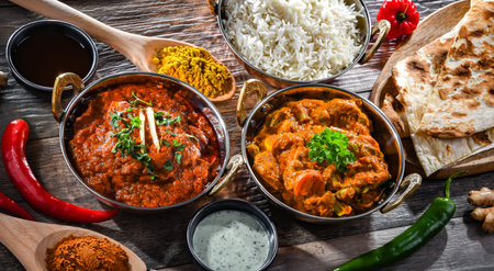 Hot madras paneer and vegetable masala with basmati rice served in original indian karahi pots.の写真素材