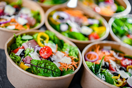 Round paper boxes with pre-packaged vegetable salads ready for saleの写真素材
