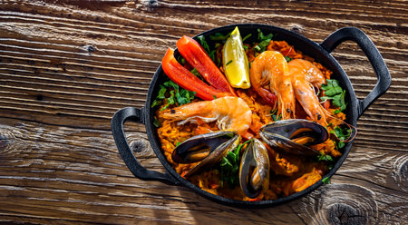 Seafood paella served in a cast iron pan.の写真素材