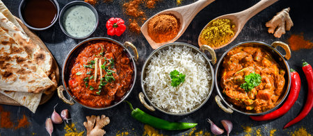 Hot madras paneer and vegetable masala with basmati rice served in original indian karahi pots.の写真素材