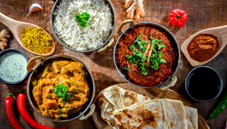 Hot madras paneer and vegetable masala with basmati rice served in original indian karahi pots.の写真素材
