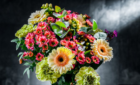 Composition with a bouquet of freshly cut flowers.