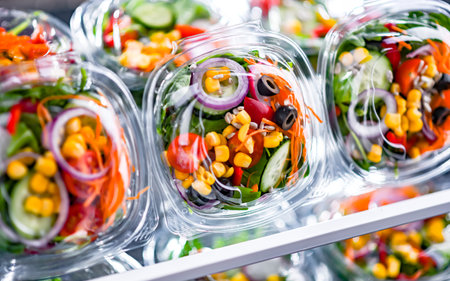 Plastic boxes with pre-packaged vegetable salads, put up for sale in a commercial refrigeratorの写真素材