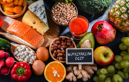 Food products representing the nutritarian diet which may improve overall health statusの写真素材