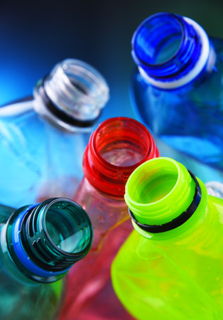 Empty colored carbonated drink bottles. plastic wasteの写真素材
