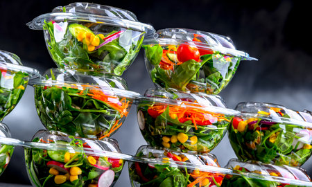 Plastic boxes with pre-packaged vegetable salads, put up for sale in a commercial refrigeratorの写真素材