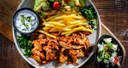 Kebab served with french fries, vegetable salad and tzatzikiの写真素材