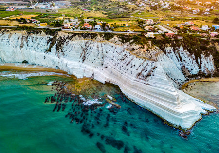Aerial view of Scala dei Turchi, a rocky cliff on the coast of Realmonte, near Porto Empedocle, southern Sicily, Italyの写真素材