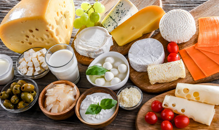 A variety of dairy products including cheese, milk and yogurt.の写真素材
