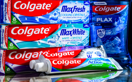 POZNAN, POL - JUL 21, 2023: Colgate toothpastes, a brand of oral hygiene products manufactured by American consumer-goods company Colgate-Palmoliveのeditorial素材