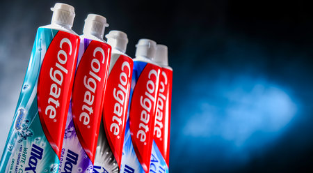 POZNAN, POL - JUL 21, 2023: Colgate toothpastes, a brand of oral hygiene products manufactured by American consumer-goods company Colgate-Palmoliveのeditorial素材