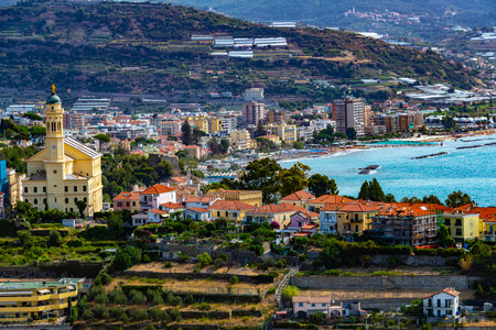 Panoramic view of Bussana and Arma di Taggia on the Italian Riviera in the province of Imperia, Liguria, Italyの写真素材