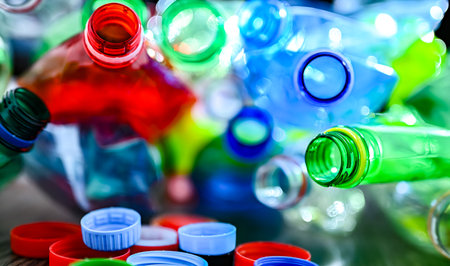 Empty colored drink bottles. Recyclable plastic waste.の写真素材