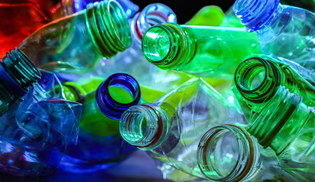 Empty colored drink bottles. Recyclable plastic waste.の写真素材
