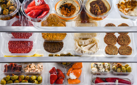 A display of variety of prepackaged food products in plastic boxes.の写真素材