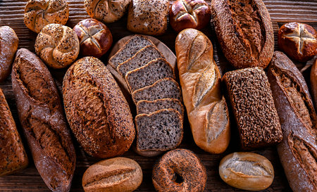 Assorted bakery products including loaves of bread and rolls.の写真素材