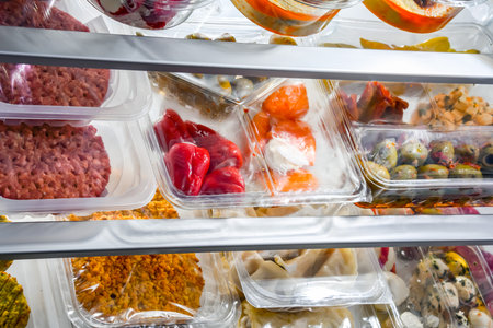 A display of variety of prepackaged food products in plastic boxes.の写真素材