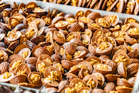 Traditional chocolate products sold in a Belgian confectionery shop in Brugesの写真素材