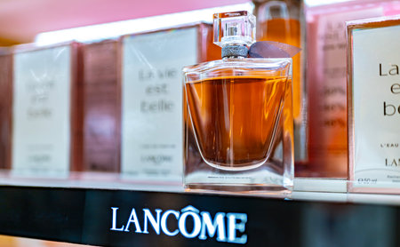 DUBAI, UAE - MAR 22, 2022: Bottle of perfume by Lancome on a store shelfのeditorial素材