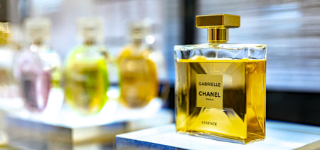 DUBAI, UAE - MAR 22, 2022: Bottle of Gabrielle Chanel perfume on a store shelf