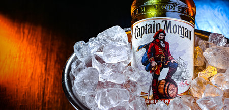 POZNAN, POL - FEB 28, 2024: Bottle of Captain Morgan, a brand of rum originated on US Virgin Islands and now produced by Diageo, British alcoholic beverages company headquartered in Londonのeditorial素材