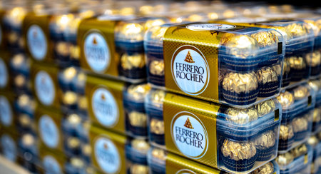 DOHA, QATAR - MAY 9, 2024: Boxes of Ferrero Rocher premium chocolate sweets put up for sale in the store at Hamad International Airport, Doha, Qatarのeditorial素材