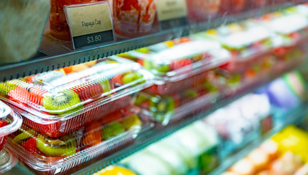 Plastic boxes with fresh fruits displayed in a commercial refrigerator. Fruit saladの写真素材