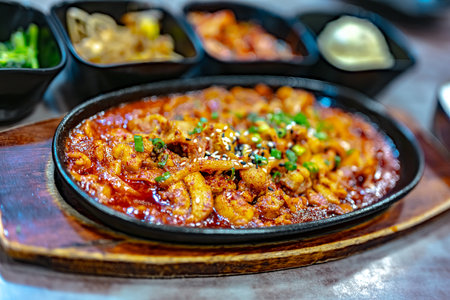 Traditional bulgogi chicken served in Korean restaurant.の写真素材