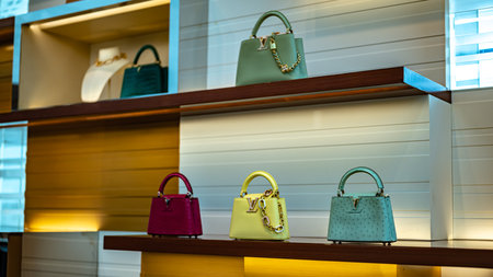 SINGAPORE - MAY 10, 2024: Products display in Louis Vuitton fashion house at Marina Bay Sands shopping mall in Singaporeのeditorial素材