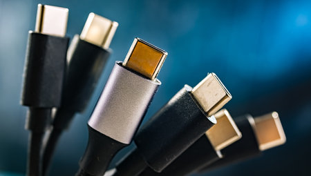 A bunch of plugs of USB Type-C, to carry audio, video, and other data, eg, to connect to monitors or external drivesの写真素材