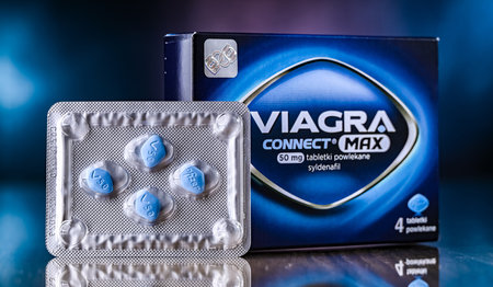 POZNAN, POL - JUN 27, 2024: Package of Pfizer Viagra, a medication used to treat erectile dysfunction and pulmonary arterial hypertensionのeditorial素材
