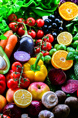 Fresh raw vegetables and fruits.の写真素材