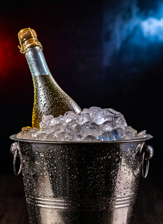 Bottle of sparkiling wine in bucket with crushed ice.の写真素材